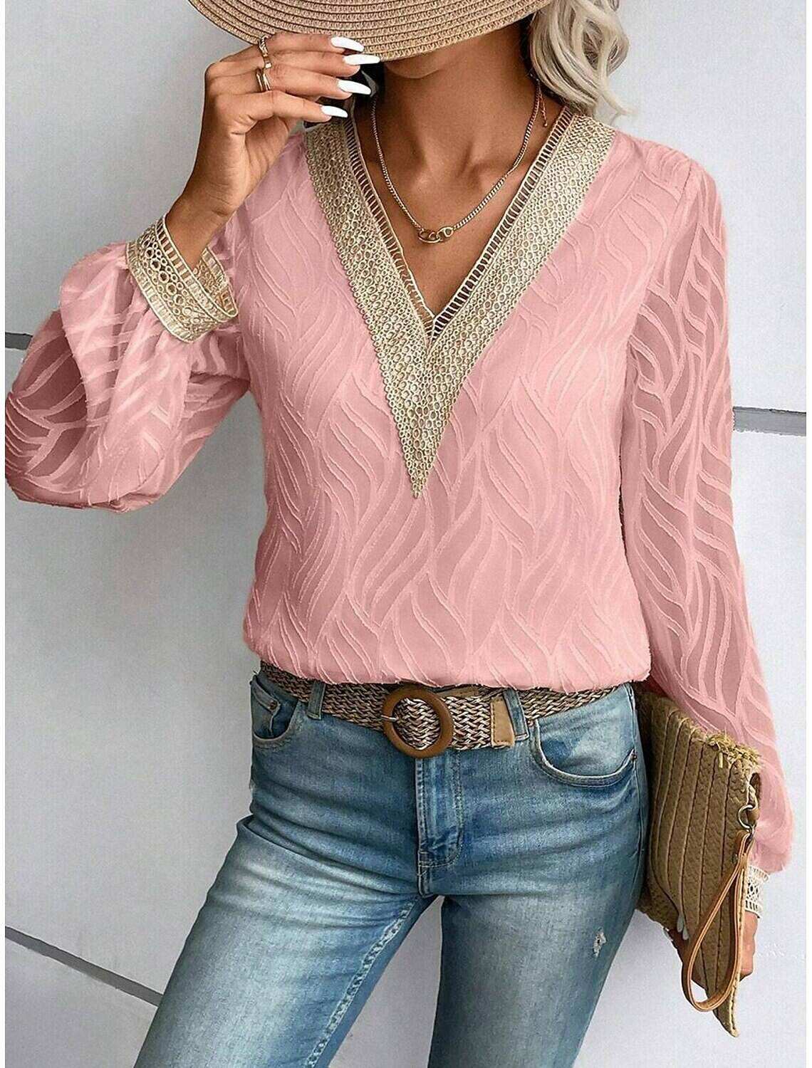 Women's Blouse Dressy Tops Elegant Stylish Solid Color Lace Flutter Sleeve Long Sleeve Regular Tops V Neck Party Daily Summer Spring Fall
