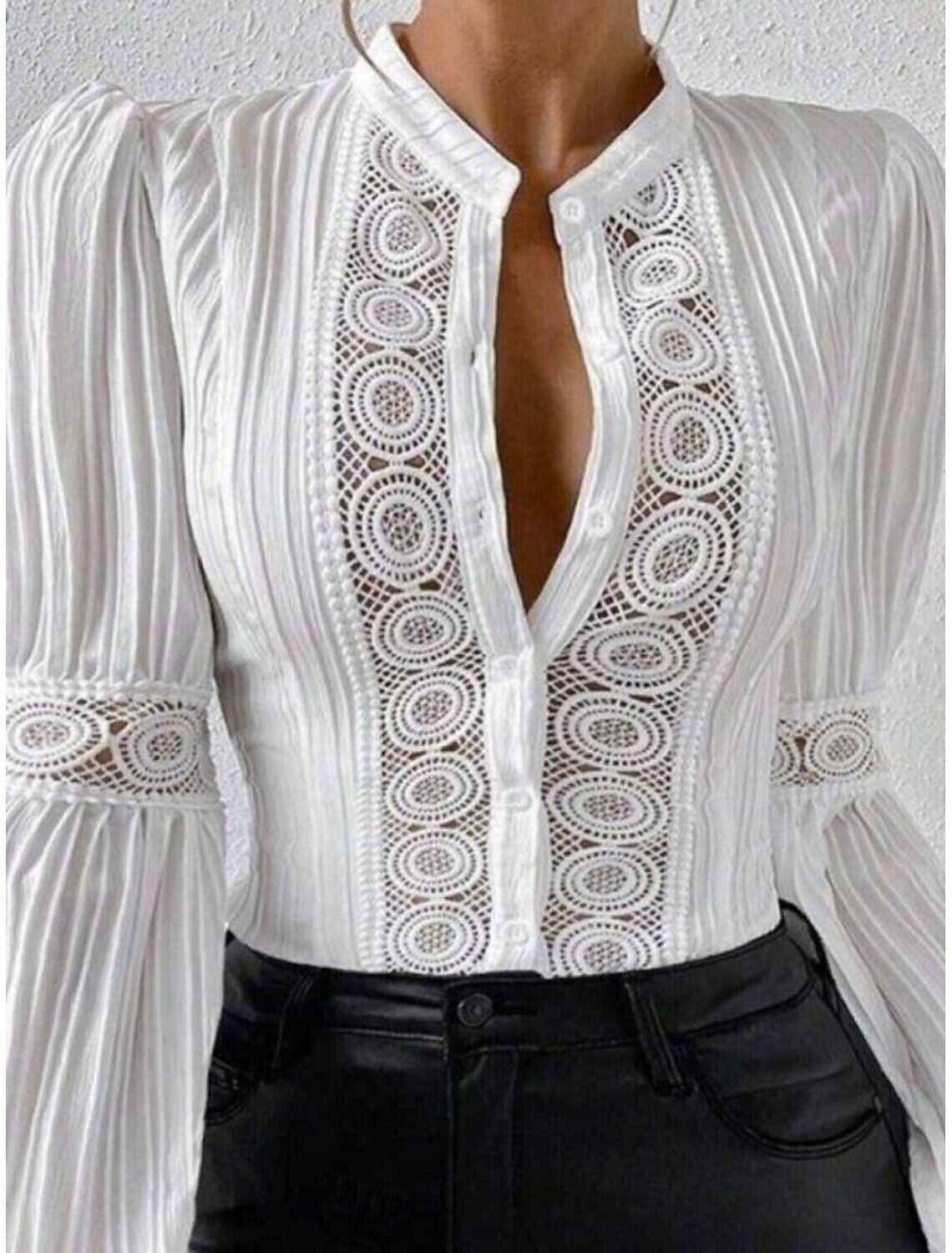 Women's Shirt Blouse Basic Casual Solid Color Regular Tops Long Sleeve V Neck Lace Patchwork Buttons Regular Fit Daily Summer Spring Fall