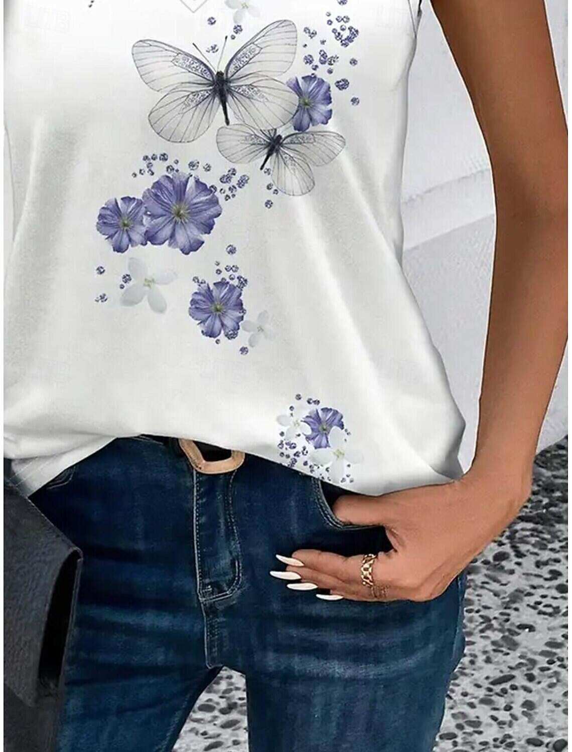 Women's Tank Top Casual Floral Butterfly Print Sleeveless Sleeveless Regular Tops Notched Neck Daily Summer