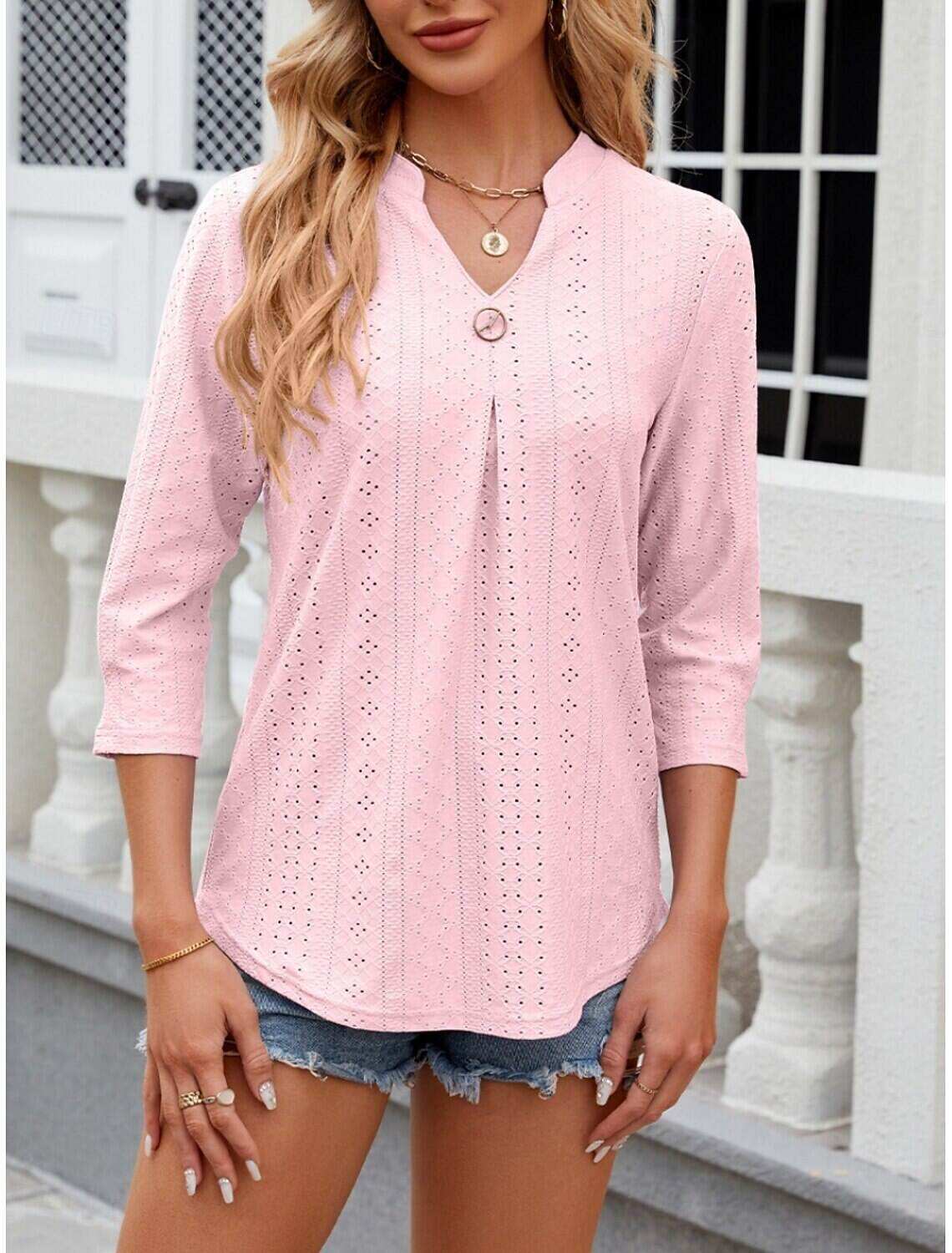 Women's Shirt Blouse Stylish Casual Floral Regular Tops Long Sleeve Notched Neck Eyelet Regular Fit Daily Summer Spring