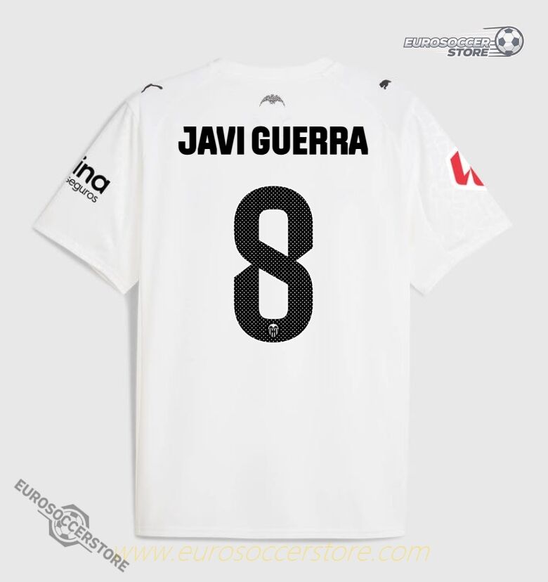 Valencia CF's 25-26 Home Jersey featuring JAVI GUERRA with the number 8