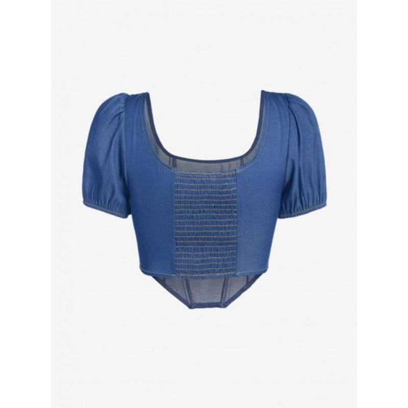Topstitching Corset-style Chambray Puff Sleeve Top KZ9790