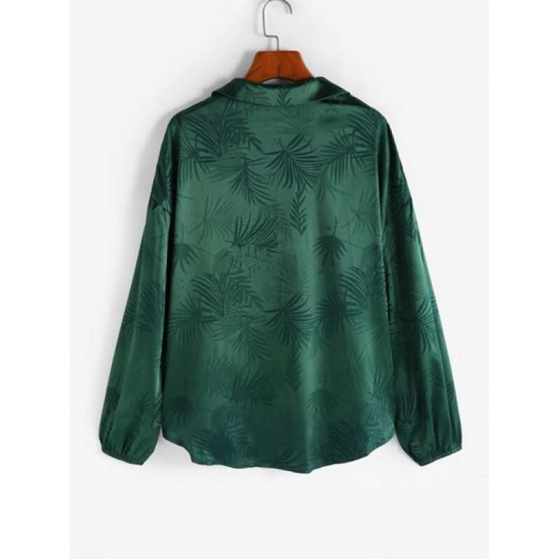Leaves Jacquard Silky Satin Button Down Shirt KK3508