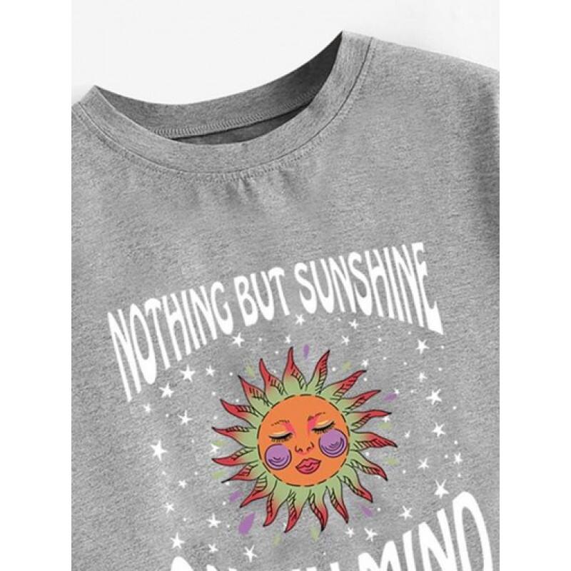 Sun Star Slogan Print Raw Hem Crop T Shirt EI2397