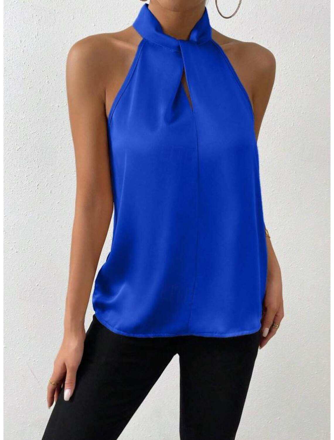 Tank Women's Plain Cold Shoulder Street Daily Fashion Halter Neck Regular Fit S