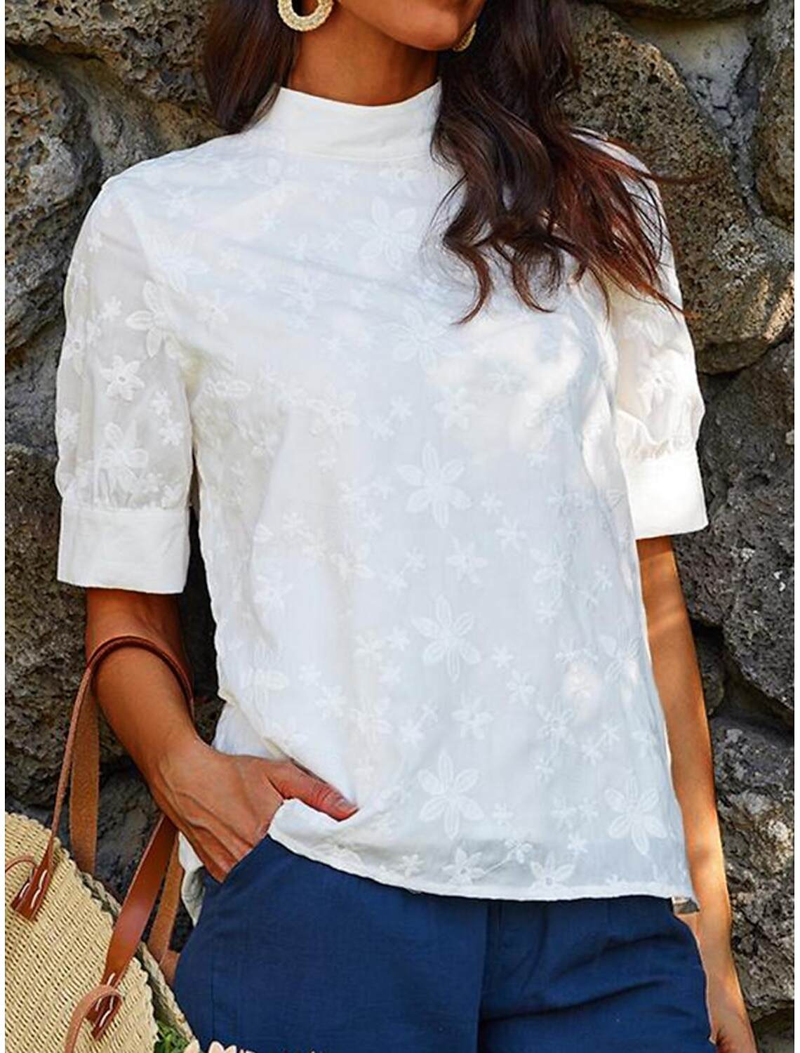 Women's Elegant Lace Tops Eyelet Blouse Turtleneck Dressy Tops Luxurious Floral Regular Tops Short Sleeve Embroidered Regular Fit Vacation Casual Romantic Petite Tops Summer Holiday Wear