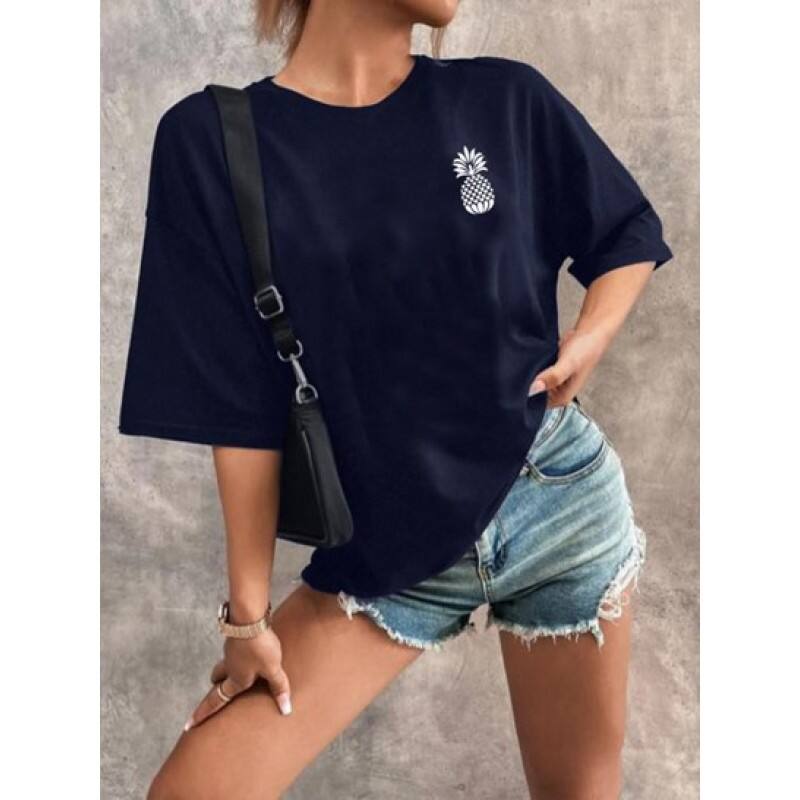 Pineapple Print Drop Shoulder Loose T Shirt DA5385