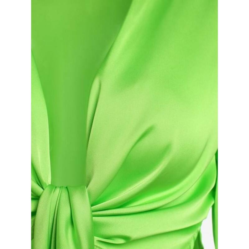 Feather Cuffs Tie Front Slit Crop Blouse LD1795