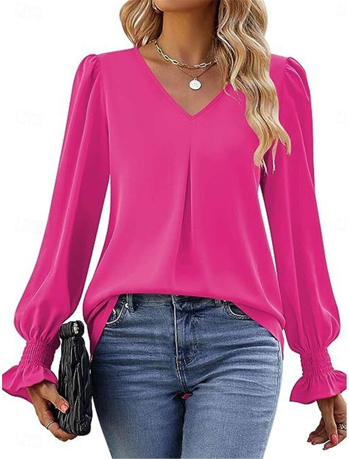 Women's Shirt Blouse Basic Casual Solid Color Regular Tops Long Sleeve V Neck Regular Fit Daily Fall Winter