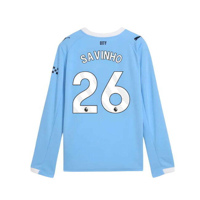 2025-2026 Man City Long Sleeve Home Shirt (Kids) (Savinho 26)