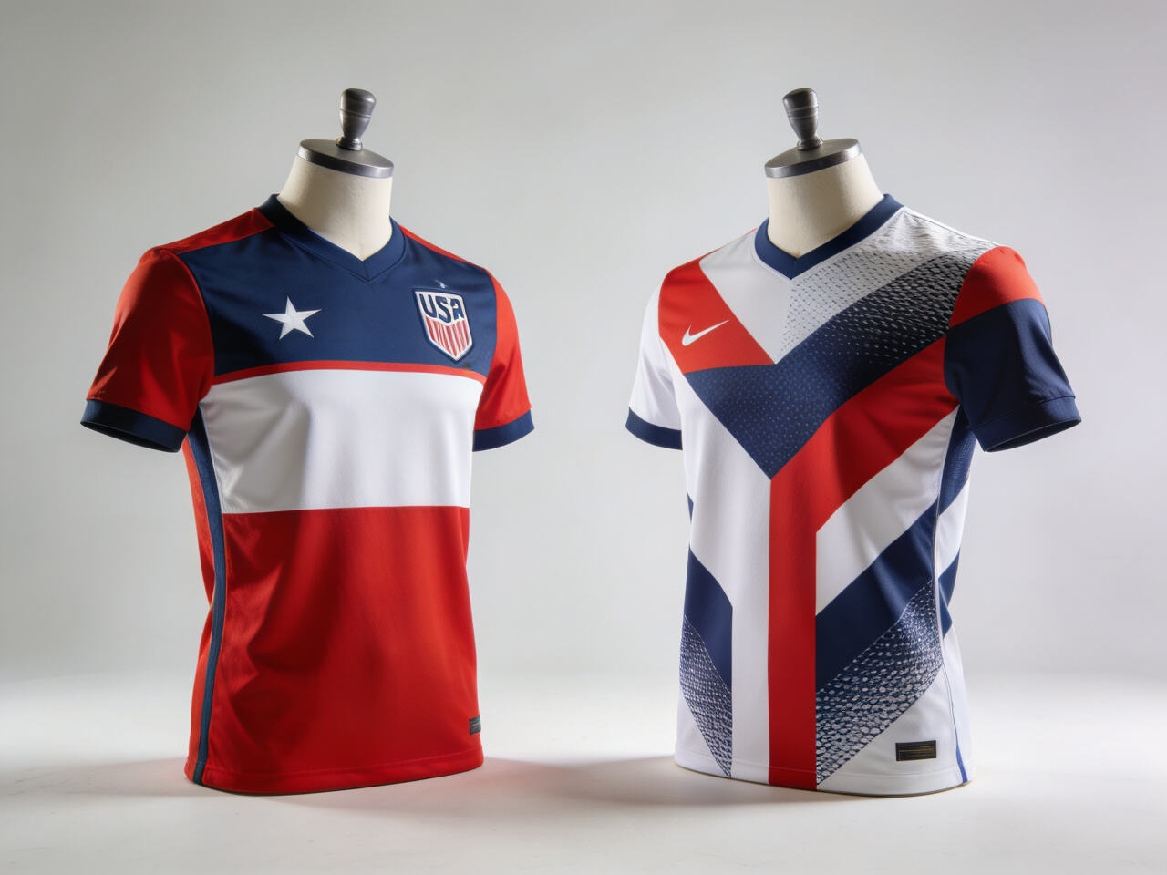 A mock-up of two different stylish, fan-concept USA jersey designs (one classic, one modern) side by side.