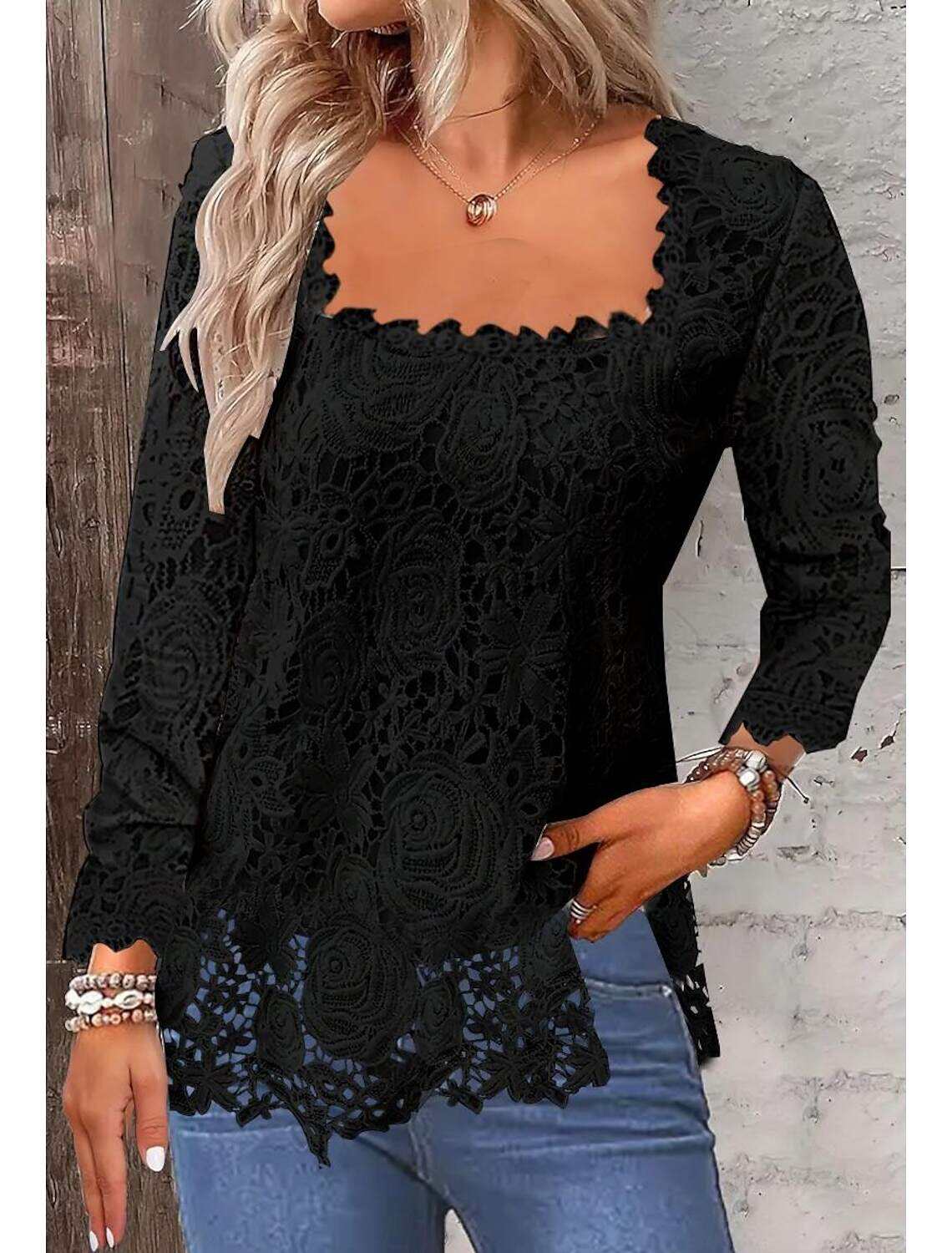 Shirt Lace Shirt Blouse Eyelet top Women's Plain Lace Street Daily Fashion Square Neck Regular Fit S