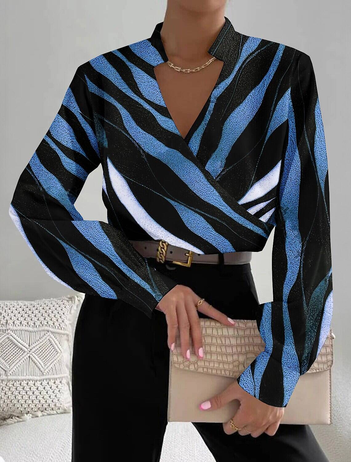 Women's Shirt Blouse Fashion Striped Print Long Sleeve Regular Tops V Neck Work Spring & Fall