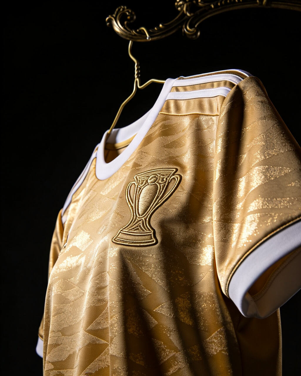 England women's football jersey, golden football shirt, trophy embroidery, premium quality, elegant design, fashion photography, close-up detail, luxurious texture