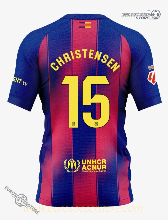 Barcelona's 25-26 Home Jersey featuring CHRISTENSEN with the number 15