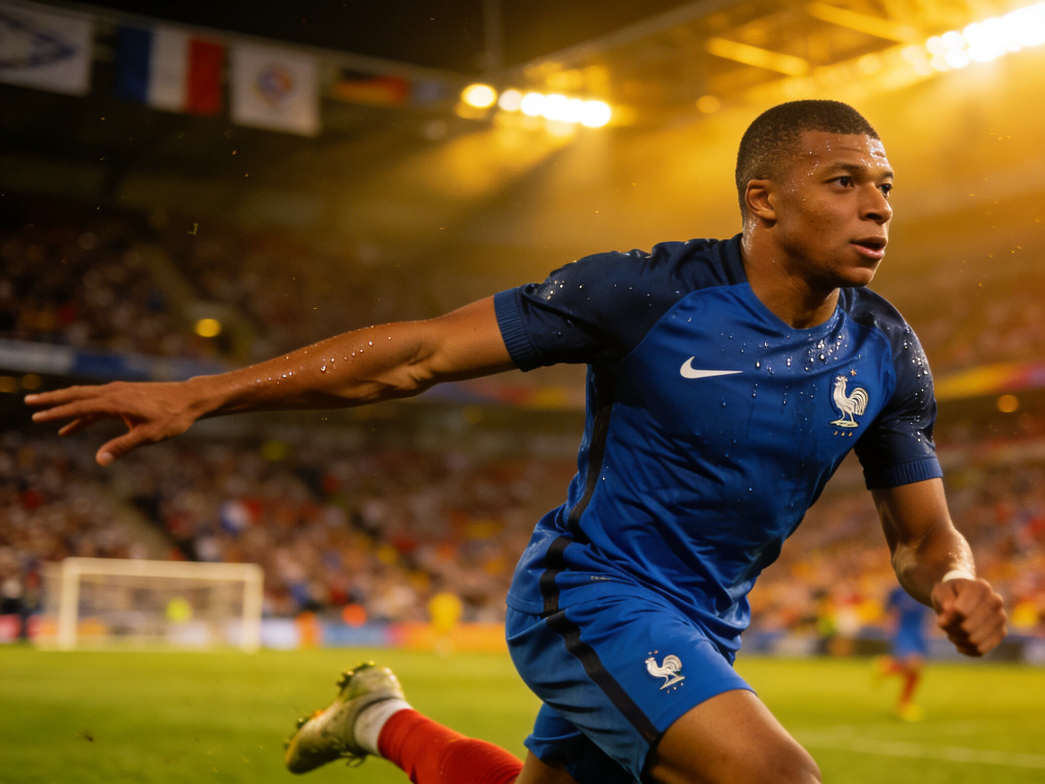 Kylian Mbappé in action, highlighting the French national team jersey. Star players are the biggest drivers of fan jersey popularity for Euro 2024.
