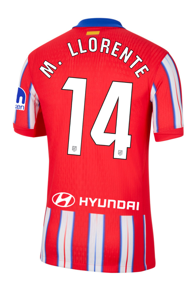 Atletico Madrid's 24-25 Laliga Home Jersey featuring M. LLORENTE with the number 14.