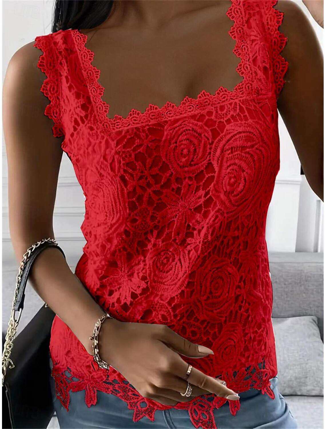 Women's Elegant Lace Tops Eyelet Blouse Sexy Sleeveless Floral Semi-Sheer Square Neckline Scalloped Trim Fashion Slim Fit Date Casual Party Romantic Petite Tops Summer Holiday Wear