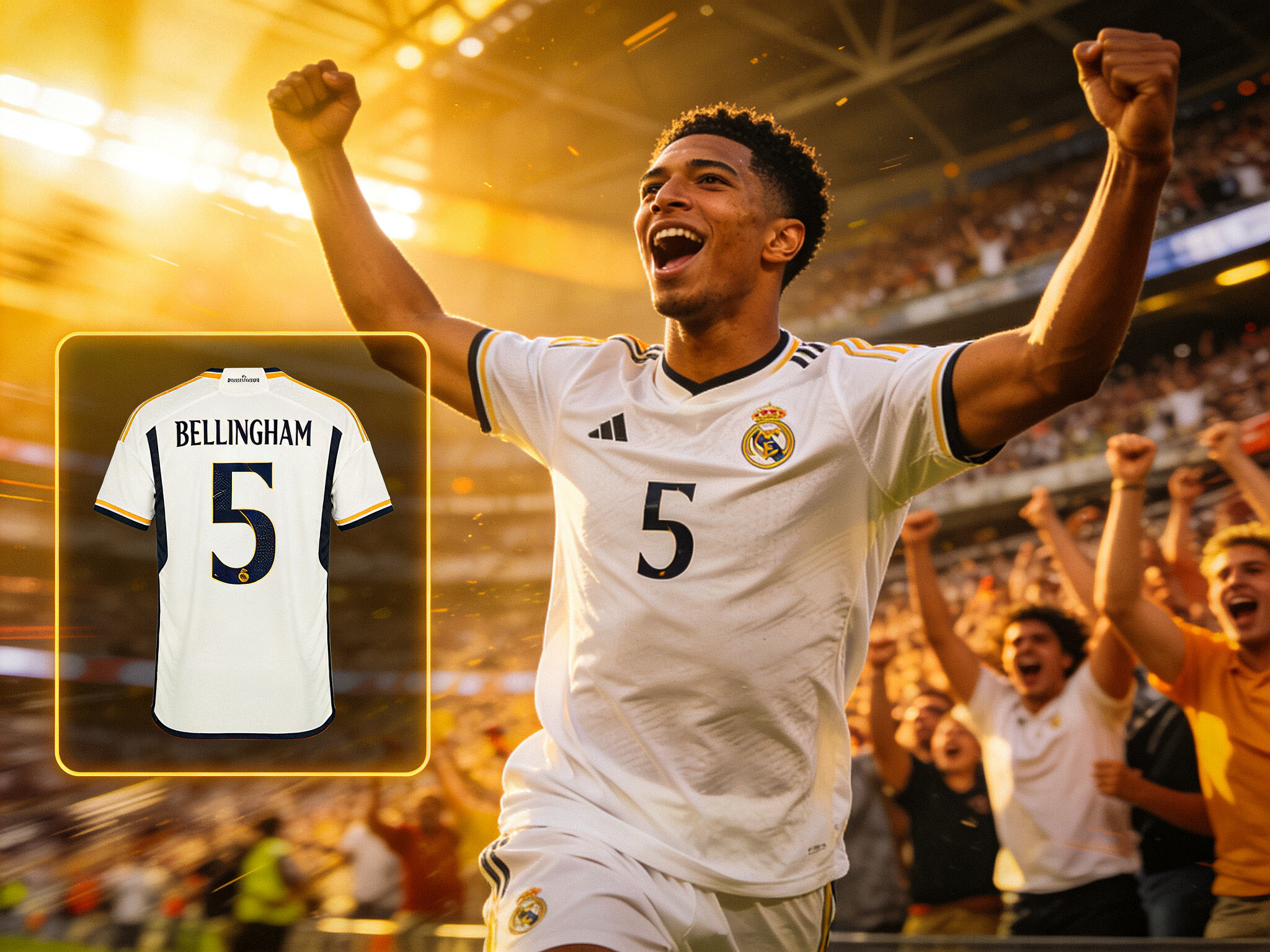 Fotograf&iacute;a de acci&oacute;n de Bellingham celebrando un gol con el escudo del Madrid bien visible, junto a un recuadro de la camiseta blanca personalizada con su nombre.