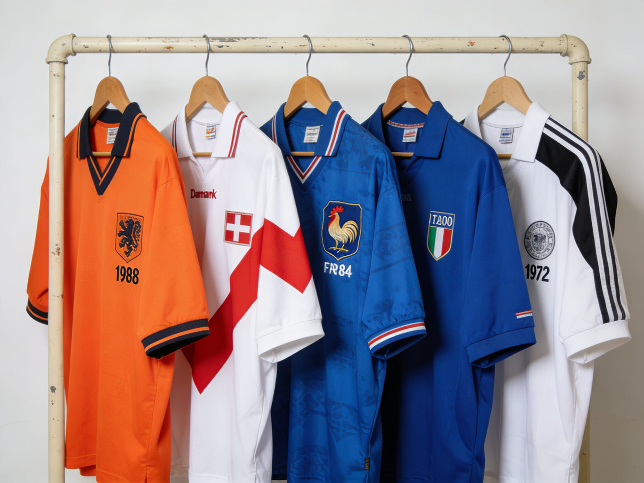 A curated collage of four classic European Championship football jerseys from different decades, including the bright orange Netherlands 1988 shirt, the white and red chevron Denmark 1992 kit, the tricolor-striped France 1984 top, and the shiny royal blue Italy 2000 jersey, displayed side-by-side against a neutral background.