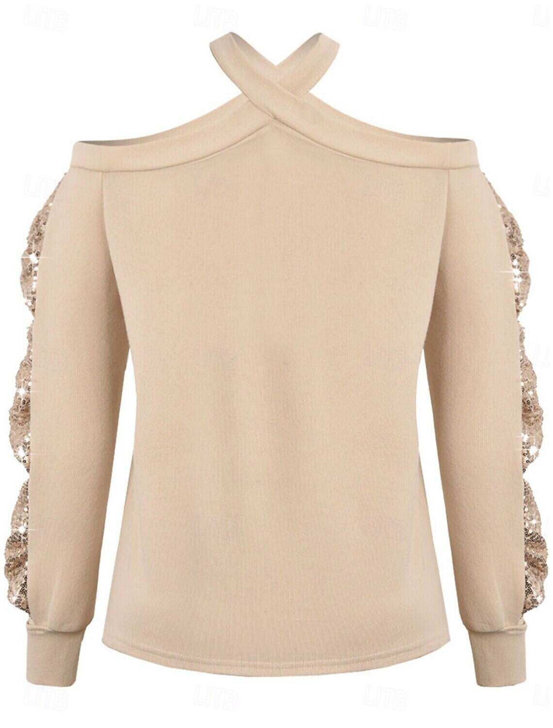 Women's Shirt Blouse Basic Casual Solid Color Regular Tops Long Sleeve V Neck Sequins Patchwork Bow Regular Fit Daily Fall Winter