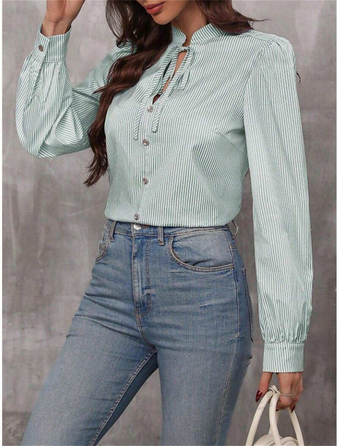 Women's Shirt Blouse Stylish Casual Striped Regular Tops Long Sleeve V Neck Patchwork Regular Fit Work Daily Going out Summer Spring Fall