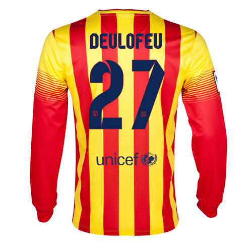13-14 Barcelona 27 Deulofeu Away Long Sleeve Soccer Jersey Shirt -
