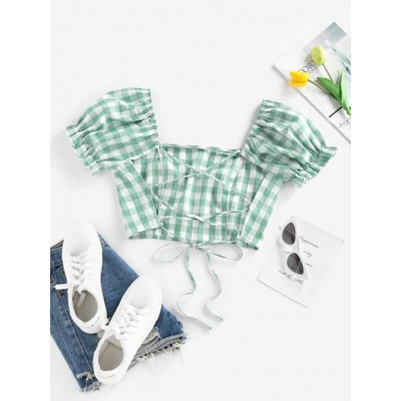 Gingham Puff Sleeve Backless Lace Up Blouse QI9371