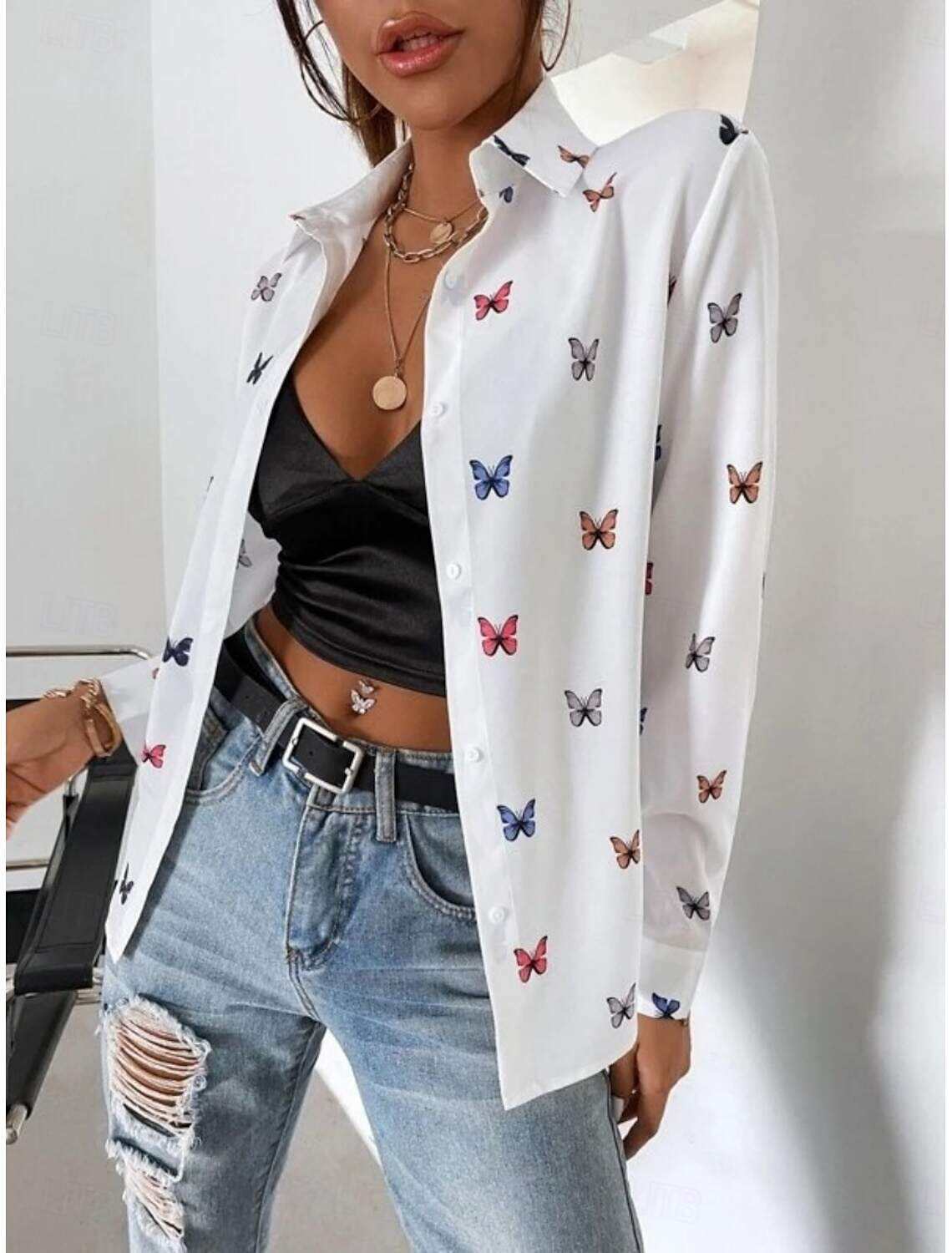 Women's Shirt Blouse Stylish Casual Butterfly Regular Tops Long Sleeve Shirt Collar Buttons Print Regular Fit Daily Summer Spring