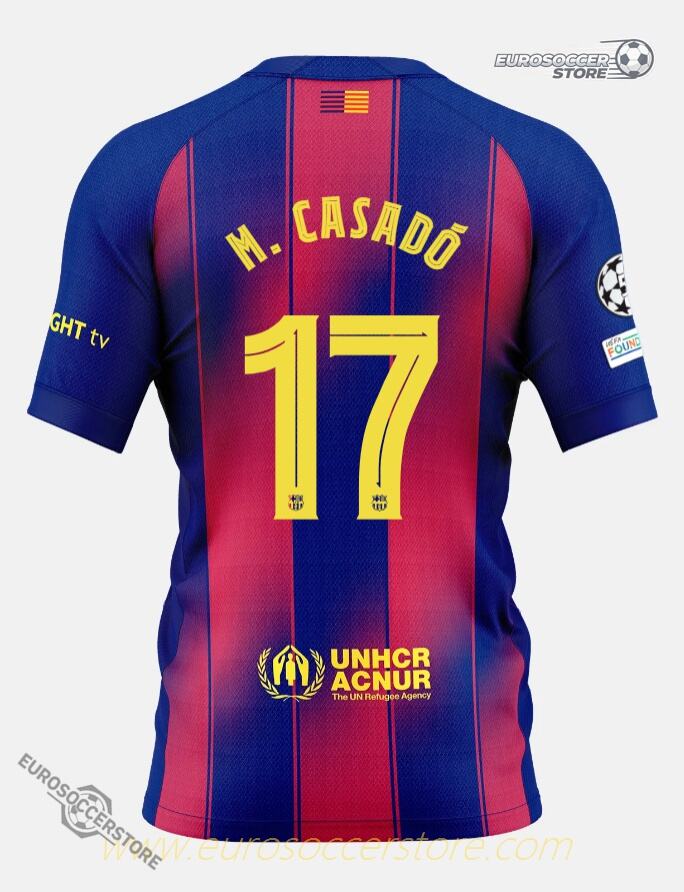 Barcelona's 25-26 Champions League Home Jersey featuring M. CASADÓ with the number 17
