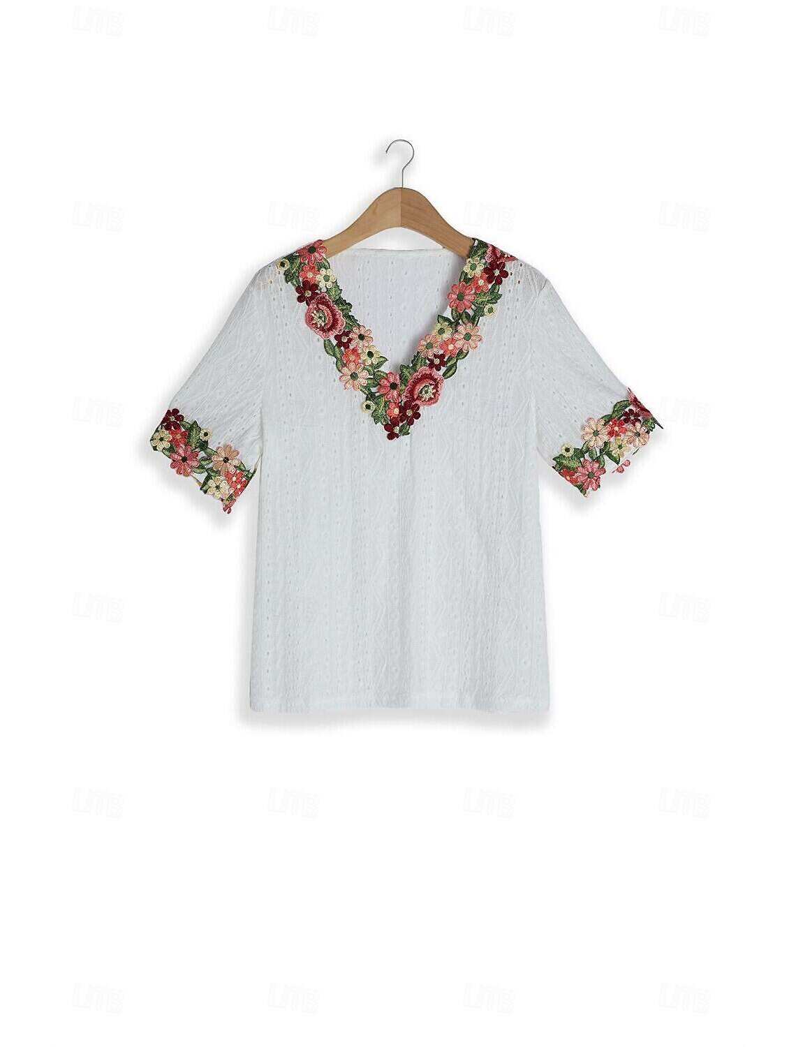 Women's Elegant Lace Tops Eyelet Blouse Floral Embroidery V-Neck Half Sleeve Summer Casual Outdoor Everyday Wear Romantic Petite Tops Summer Holiday Wear