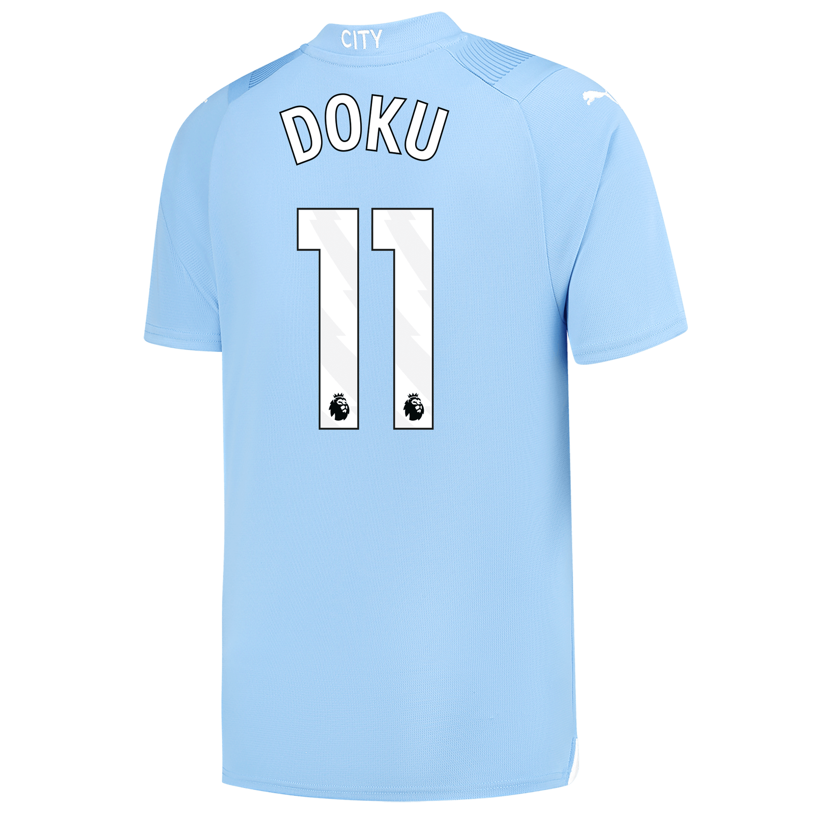 Manchester City's 23-24 Home Jersey, featuring DOKU with the number 11.
