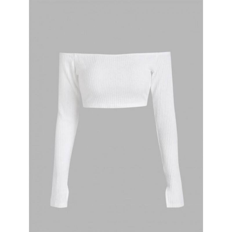 Off Shoulder Ribbed Knit Cropped Tee MP1046