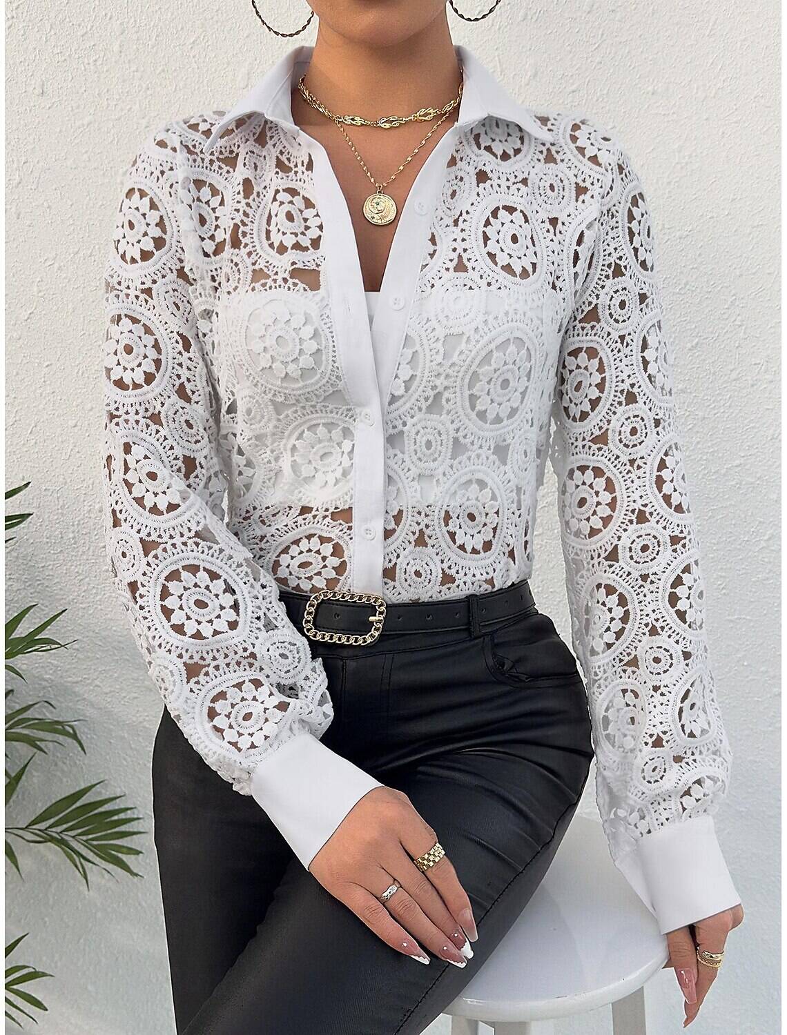 Shirt Lace Shirt Blouse Eyelet top Women's Plain Lace Button Street Daily Fashion Shirt Collar Regular Fit S