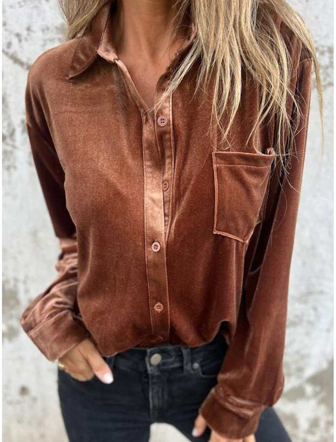 Women's Shirt Blouse Basic Casual Solid Color Regular Tops Long Sleeve Shirt Collar Buttons Regular Fit Daily Fall Winter