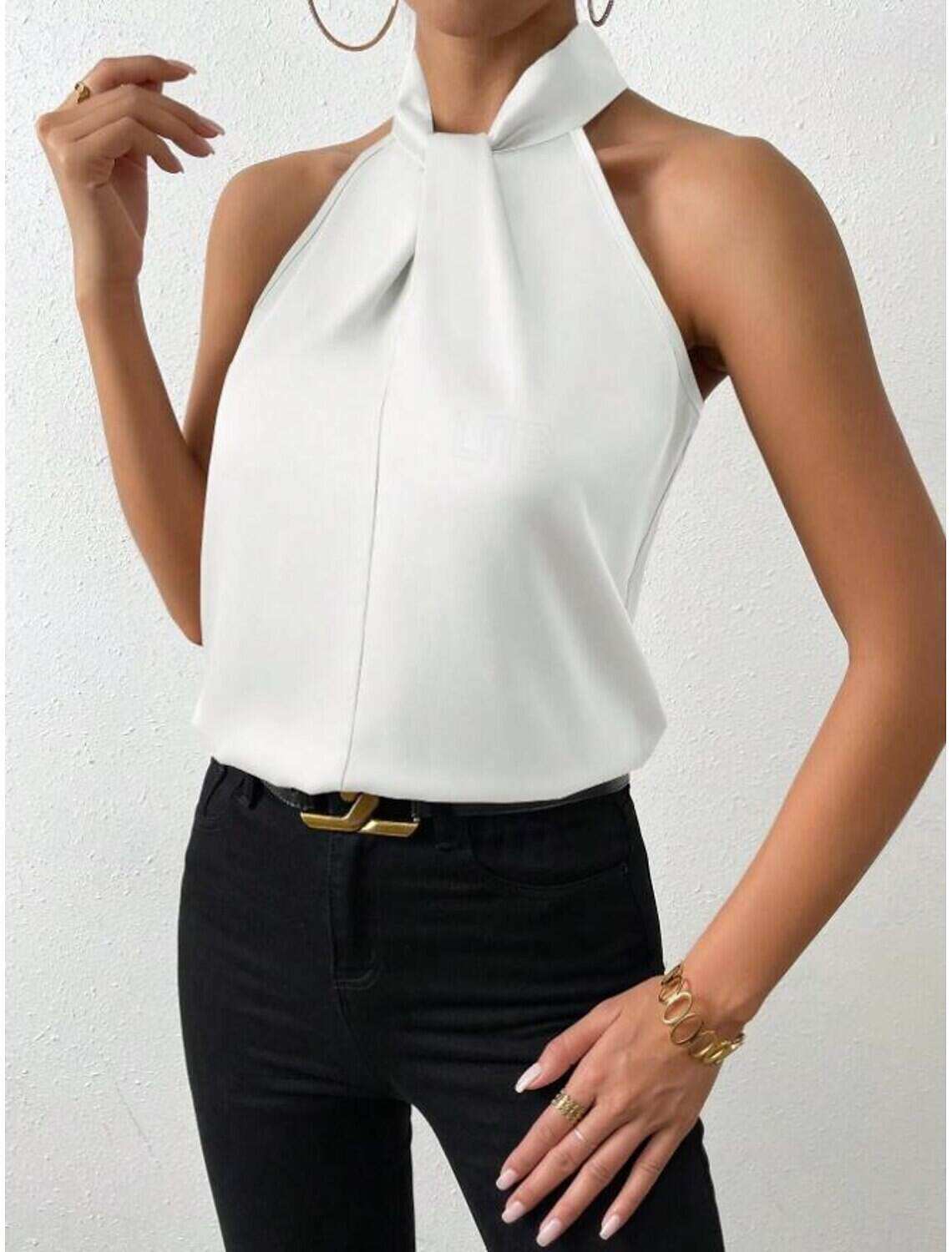 Tank Women's Plain Cold Shoulder Street Daily Fashion Halter Neck Regular Fit S