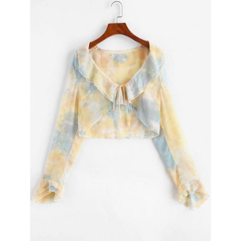 Tie Dye Ruffle Bell Sleeve Crop Blouse RN8674