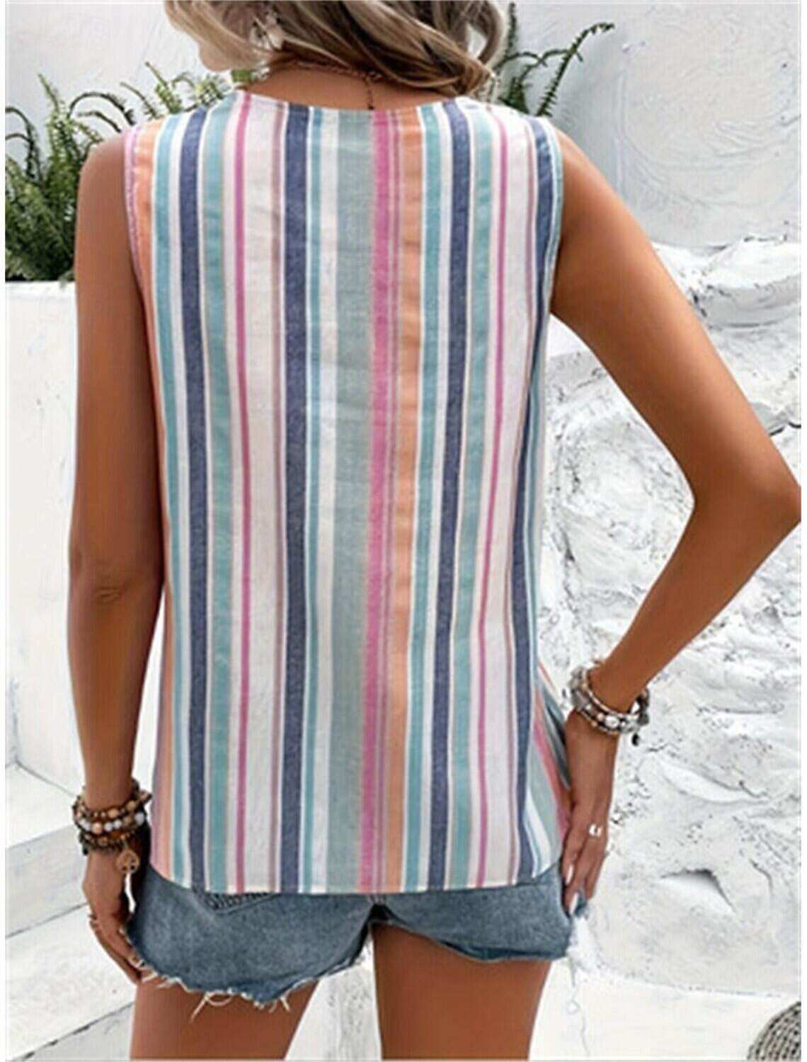 Women's Tank Top Casual Striped Buttons Print Sleeveless Regular Tops V Neck Daily Summer