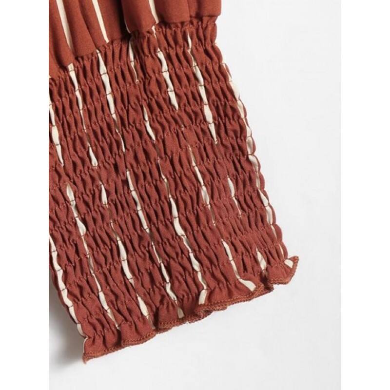 Stripes Shirred Sleeve Tie Button Down Shirt QN4206