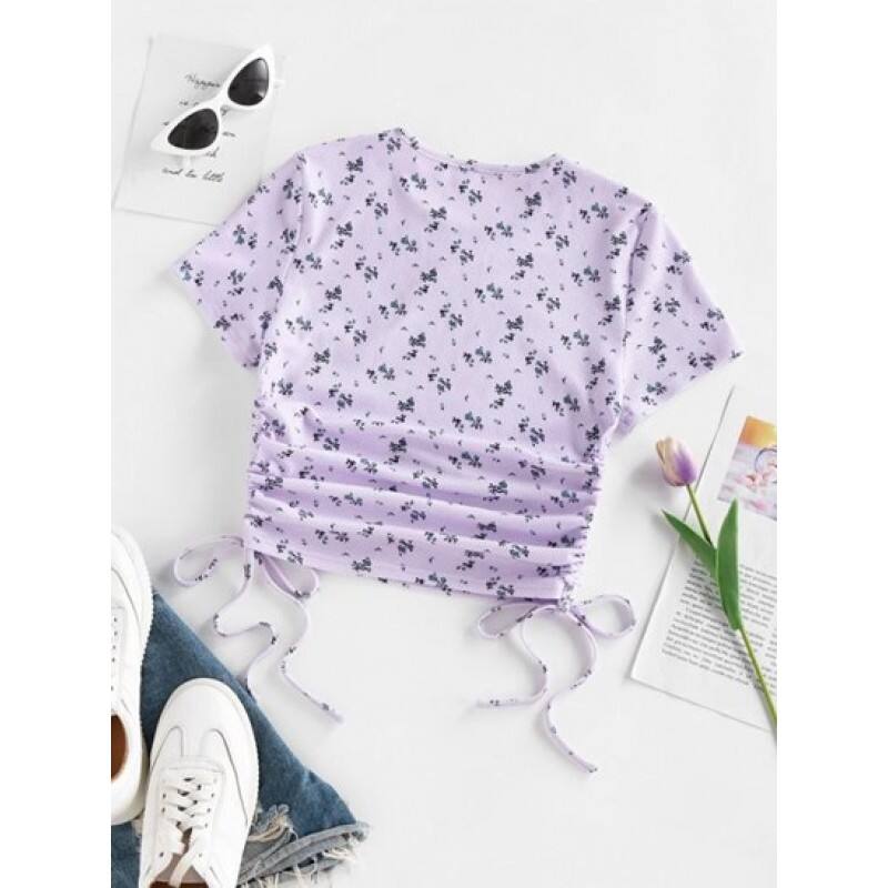 Floral Ribbed Cinched Tie Baby Tee OI5799