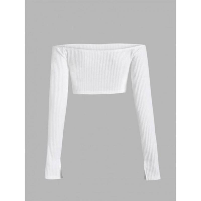 Off Shoulder Ribbed Knit Cropped Tee MP1046