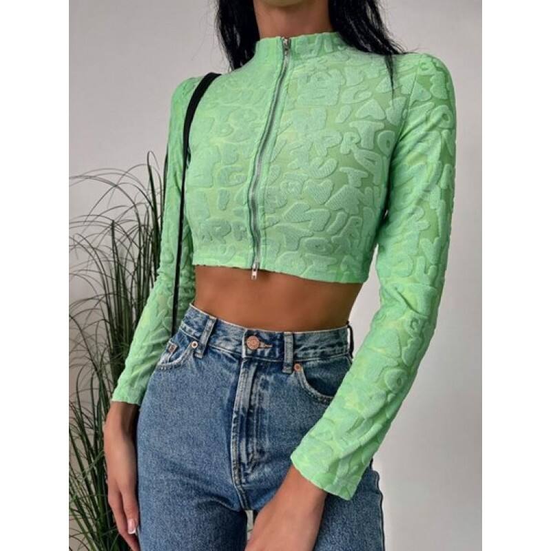 Jacquard Terry Cloth Double Way Zip Crop T Shirt GV9925
