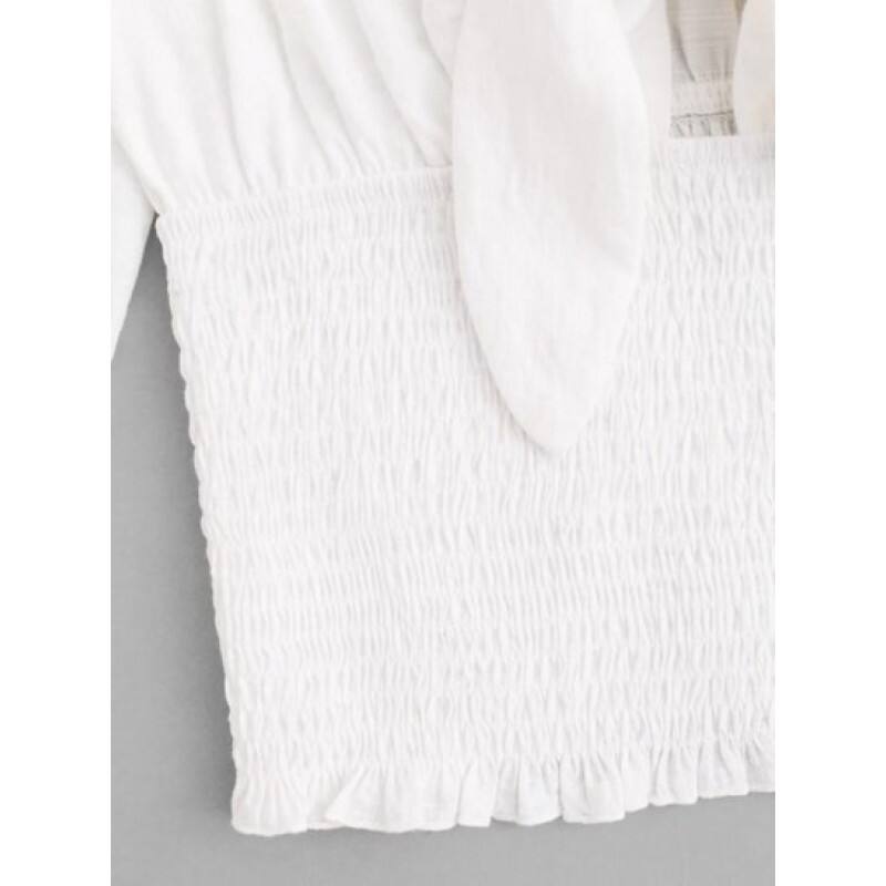Knotted Puff Sleeve Plunge Shirred Blouse YE8032