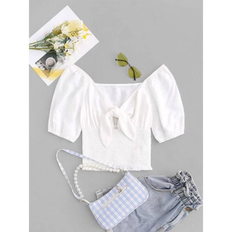 Knotted Puff Sleeve Plunge Shirred Blouse YE8032