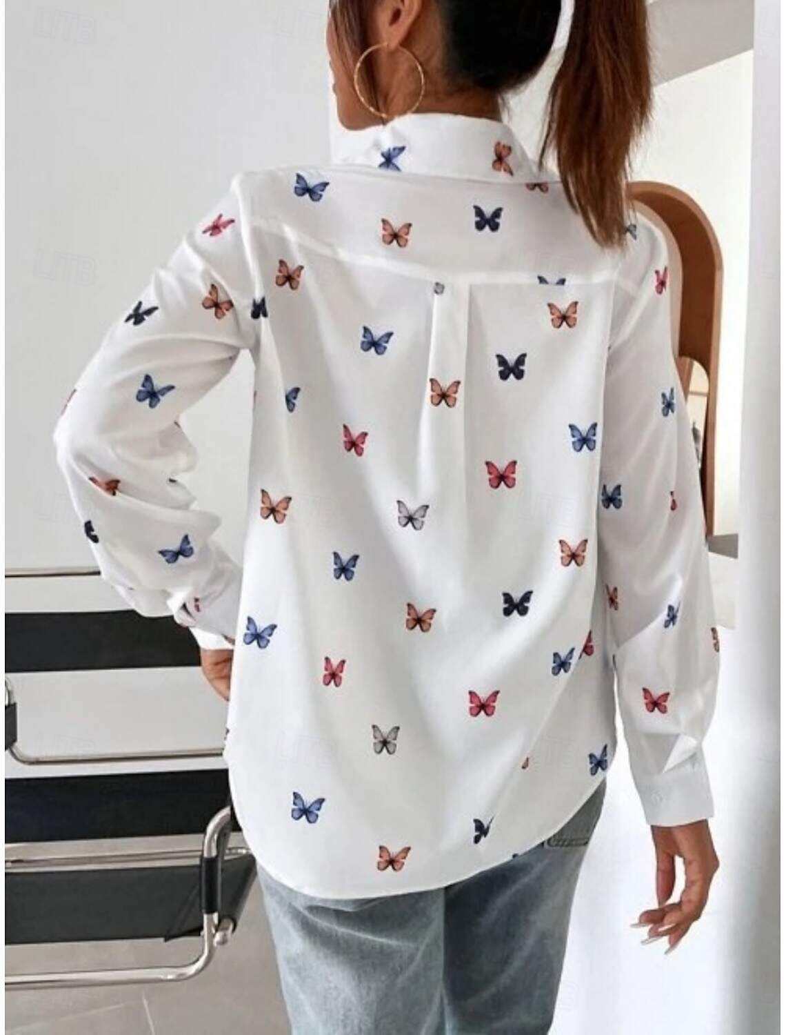 Women's Shirt Blouse Stylish Casual Butterfly Regular Tops Long Sleeve Shirt Collar Buttons Print Regular Fit Daily Summer Spring