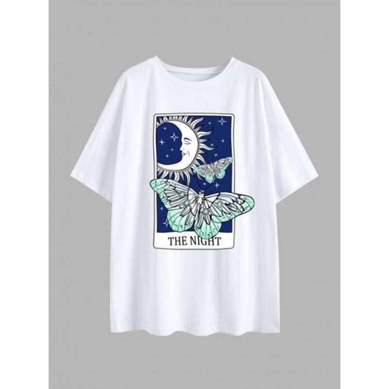 Moon Star Butterfly Print Drop Shoulder T Shirt XG4316
