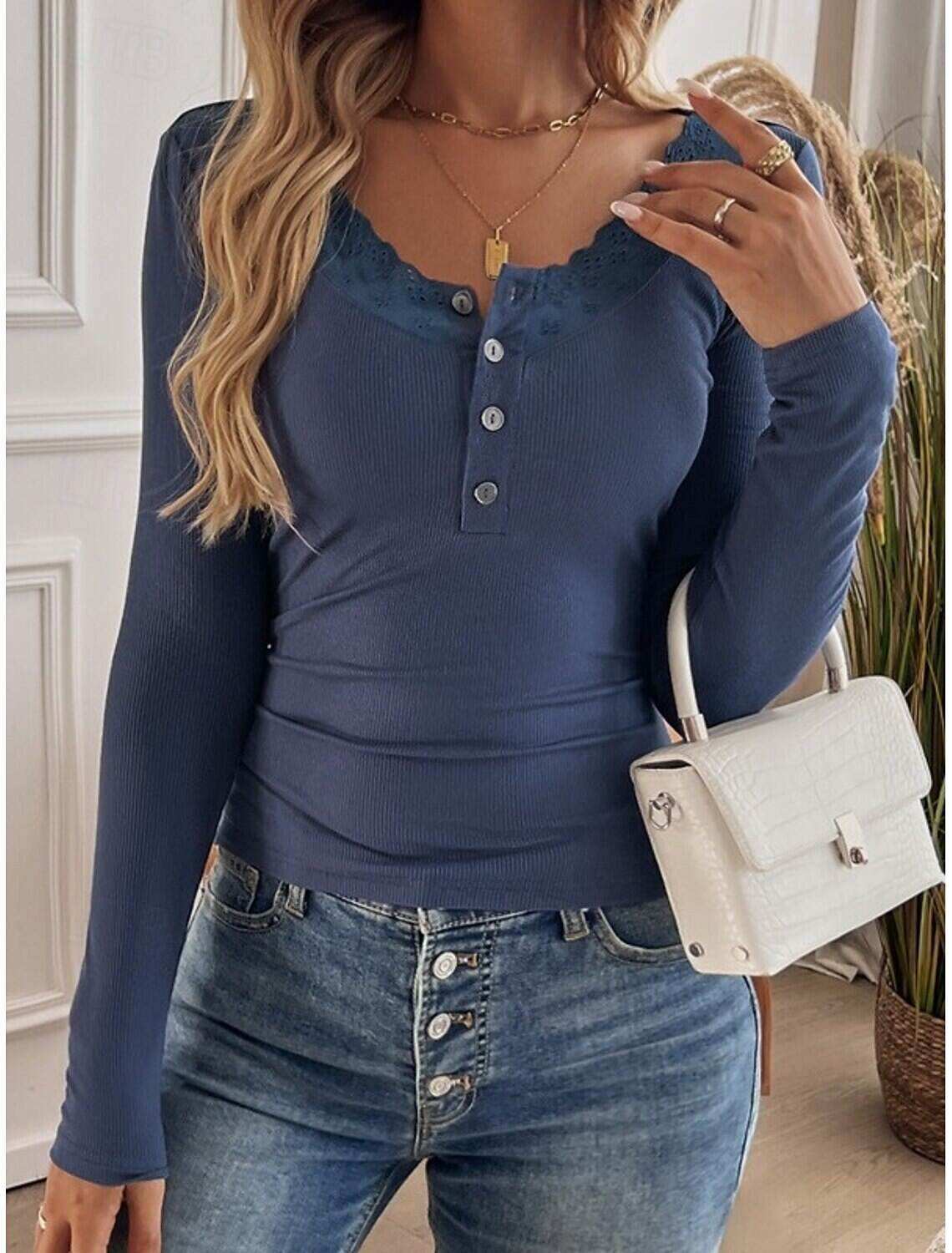 Women's Elegant Lace Tops Eyelet Blouse Elegant Daily Solid Color Regular Tops Long Sleeve Scoop Neck Regular Fit Daily Romantic Petite Tops Summer Holiday Wear