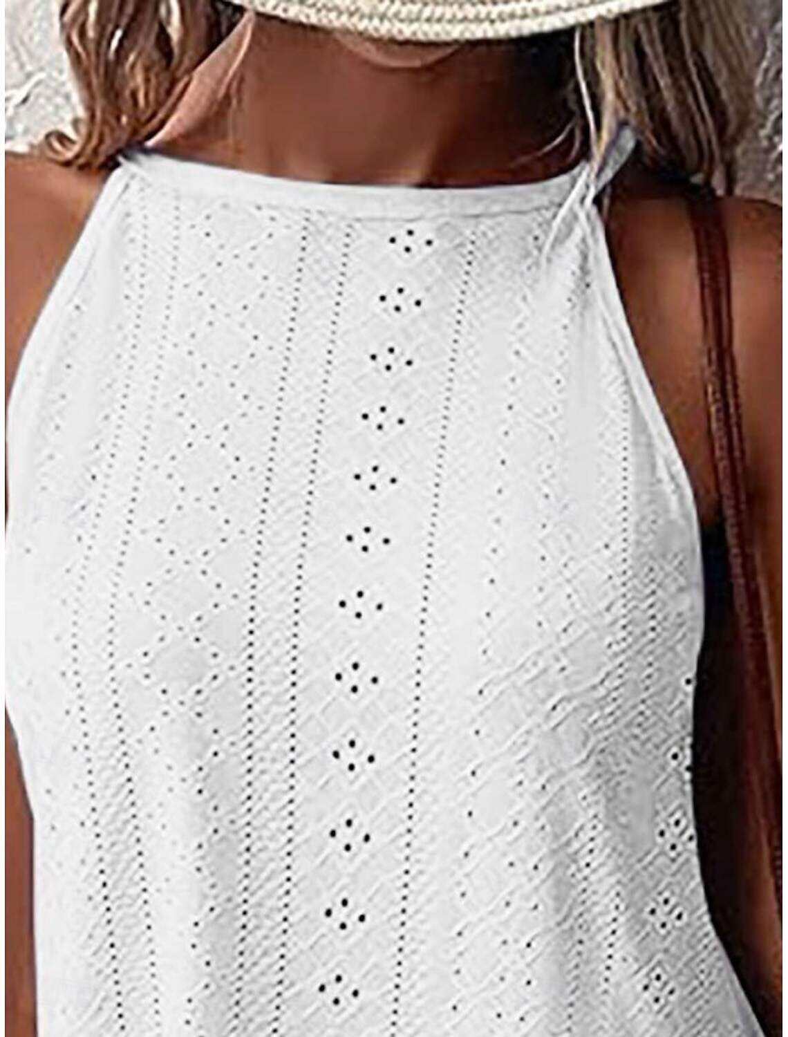 Women's Shirt Blouse Stylish Casual Solid Color Regular Tops Sleeveless Halter Neck Eyelet Regular Fit Daily Summer