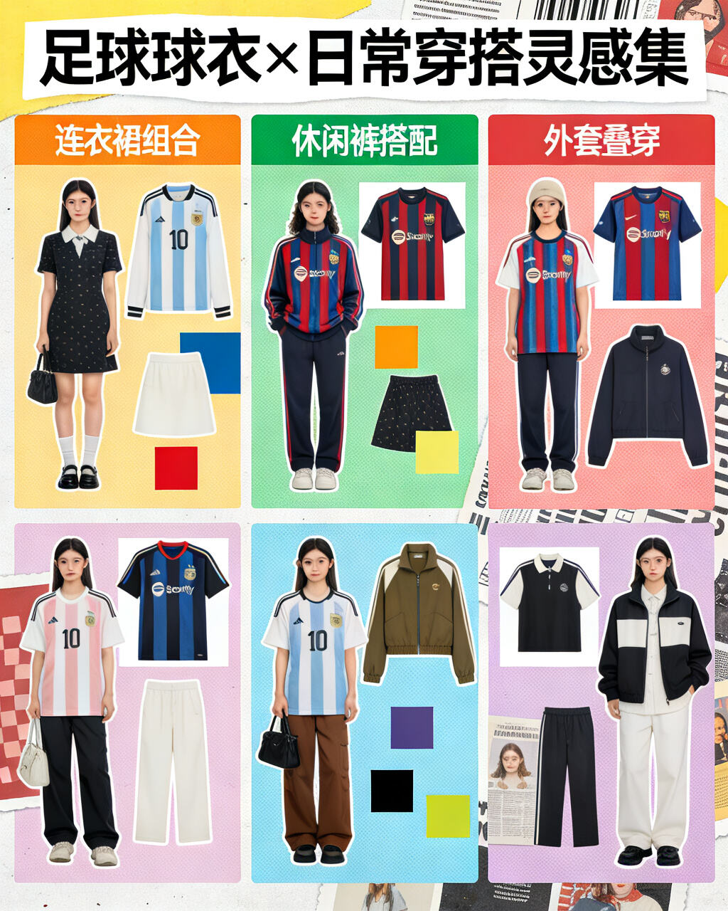 Soccer jersey outfit ideas, fashion collage, styling inspiration, magazine layout, versatile fashion, dress combinations, casual pants, layered jackets