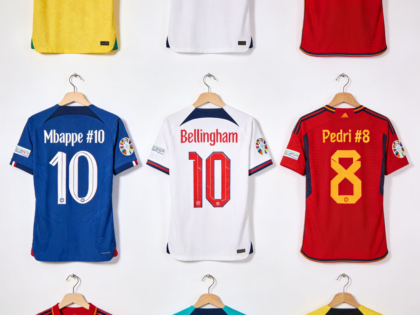 A clean grid display of multiple official-style Euro 2024 jerseys customized with names and numbers for star players like Mbappé (France), Bellingham (England), and Pedri (Spain).